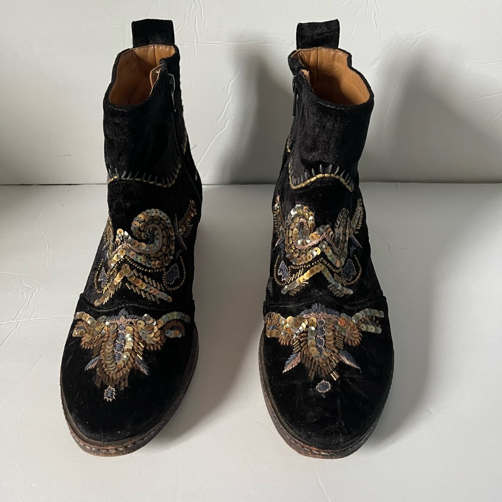 Coral Blue Herringbone Anthropologie velvet  black sequin ankle zip boot